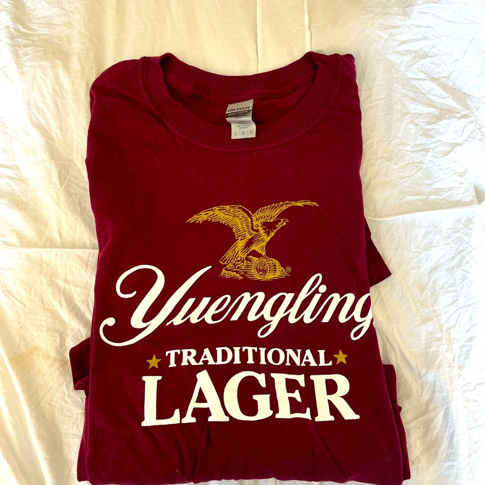 Maroon t shirt. Yuengling